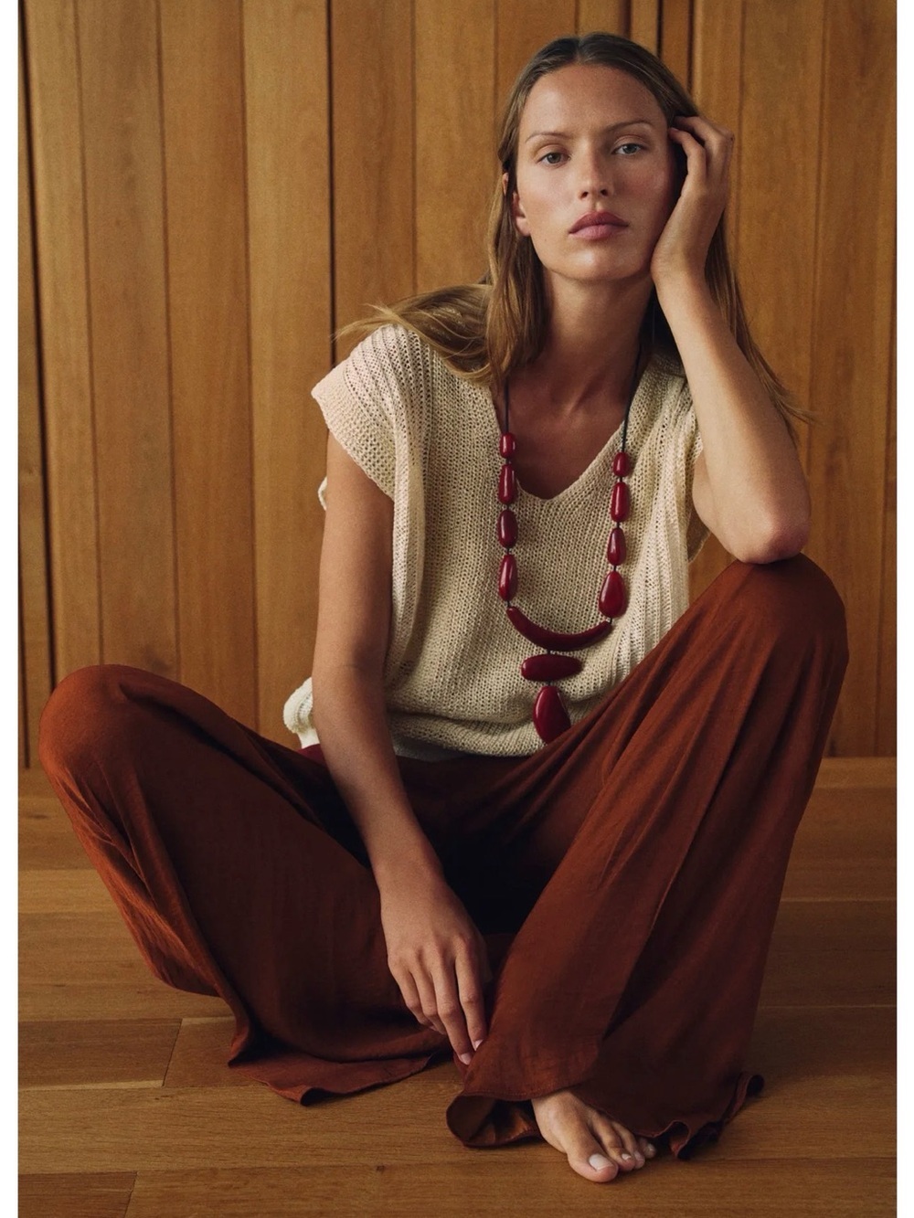 Zara Open-Knit V-Neck Sleeveless Vest in Light Beige